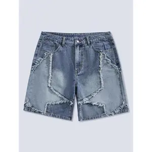 ROMWE MEN Street Life Men's Frayed Hem Denim Shorts Jorts With Pockets