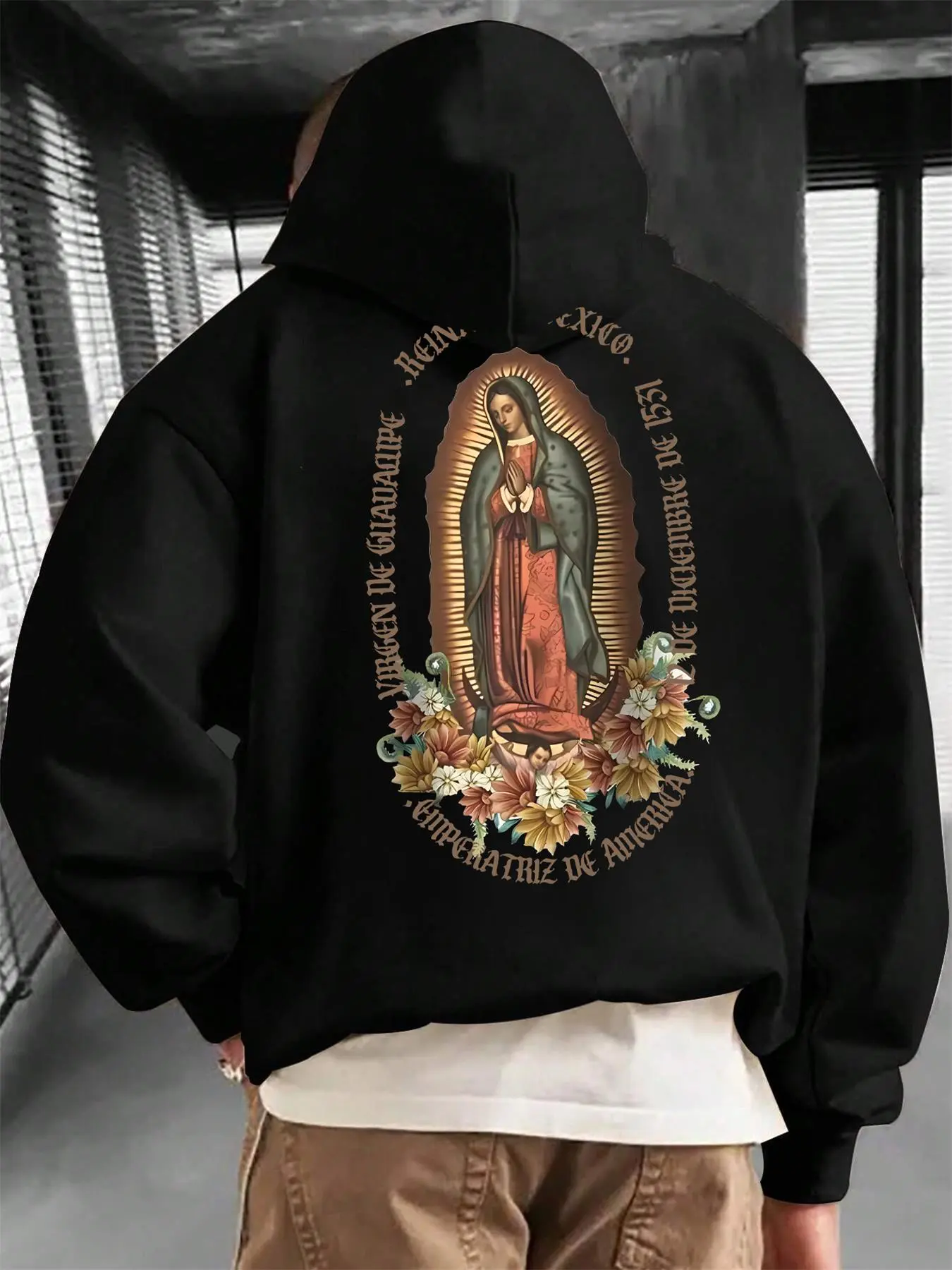 Men's Autumn Casual Hooded Sweatshirt, Unique Virgin Mary Print, Fashionable Regular Fit, Daily Commute & Weekend Leisure Wear, Graphic Print Hoodie