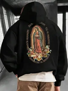 Men's Autumn Casual Hooded Sweatshirt, Unique Virgin Mary Print, Fashionable Regular Fit, Daily Commute & Weekend Leisure Wear, Graphic Print Hoodie