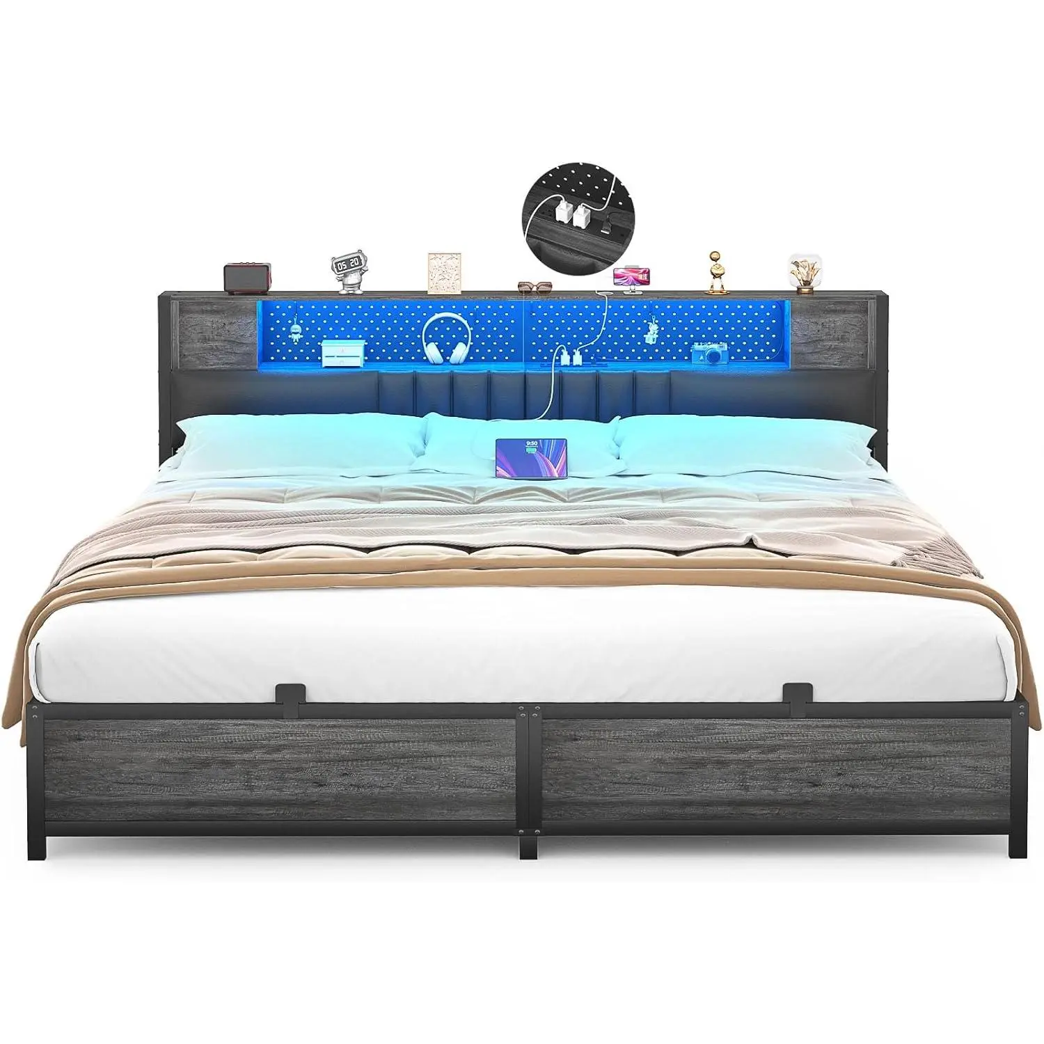 Unikito King Size Bed Frame with LED Light & Power Outlets, Platform Bed with Upholstered Headboard and Storage, Sturdy Metal Slats Support, No Box Spring Needed, Easy Assembly, Noise-Free