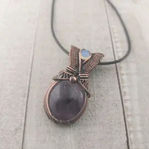 Handmade Copper Wire Wrapped Amethyst Pendant | Opalite Bail