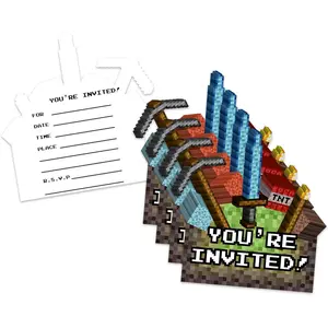 Mining Pixel World Video Game Birthday Party Invites For Boy Kids - 20 Count of 4 x 6 Inch Double Sided Fill-In Invitations With Wet To Seal Envelopes