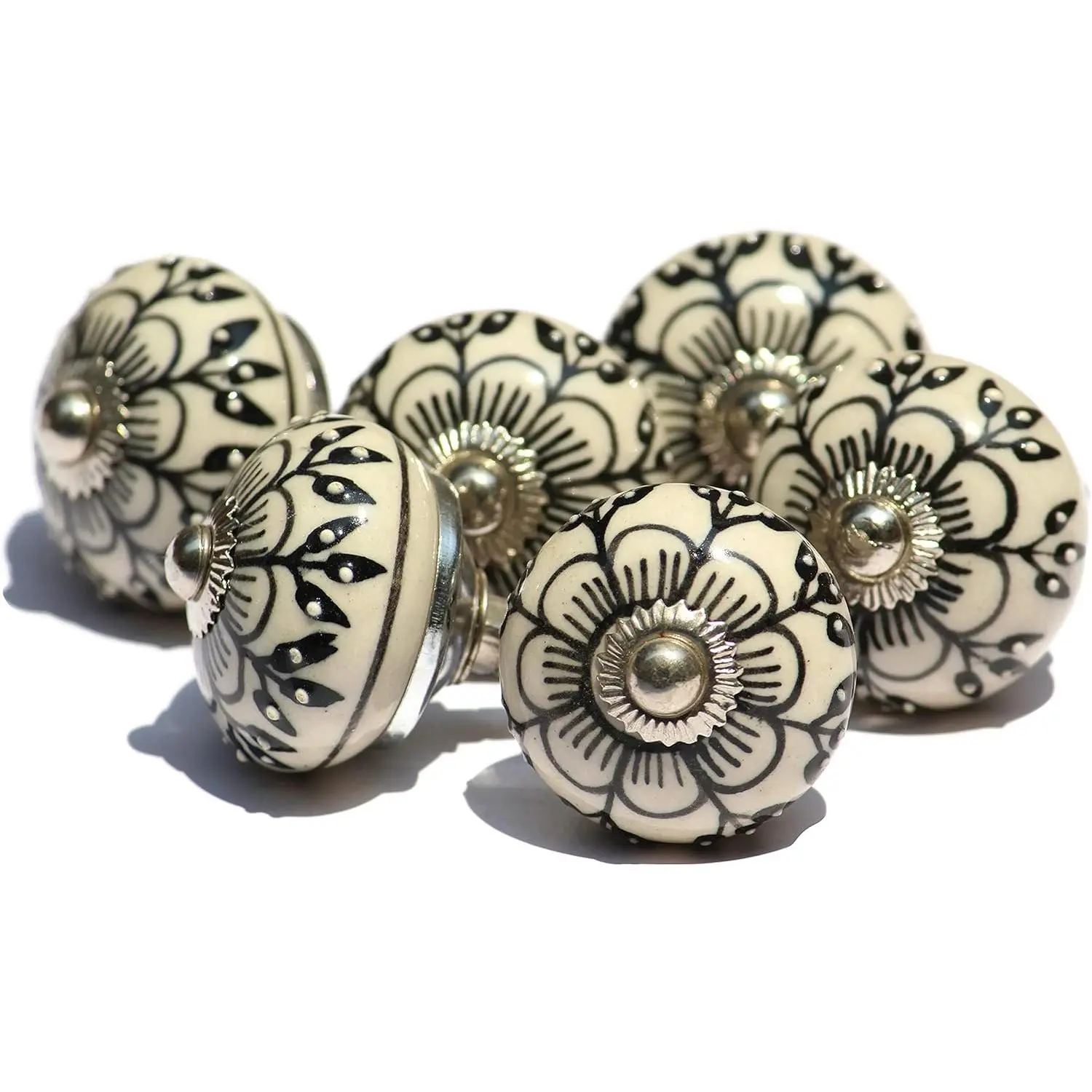 t of 6 Unique Handmade Ceramic Knobs|  Drawer Knobs| Trendy Cabinet Door Knobs| Dresr Drawers - Countryside (Style 2, Black and White (Bei) Flower Design)