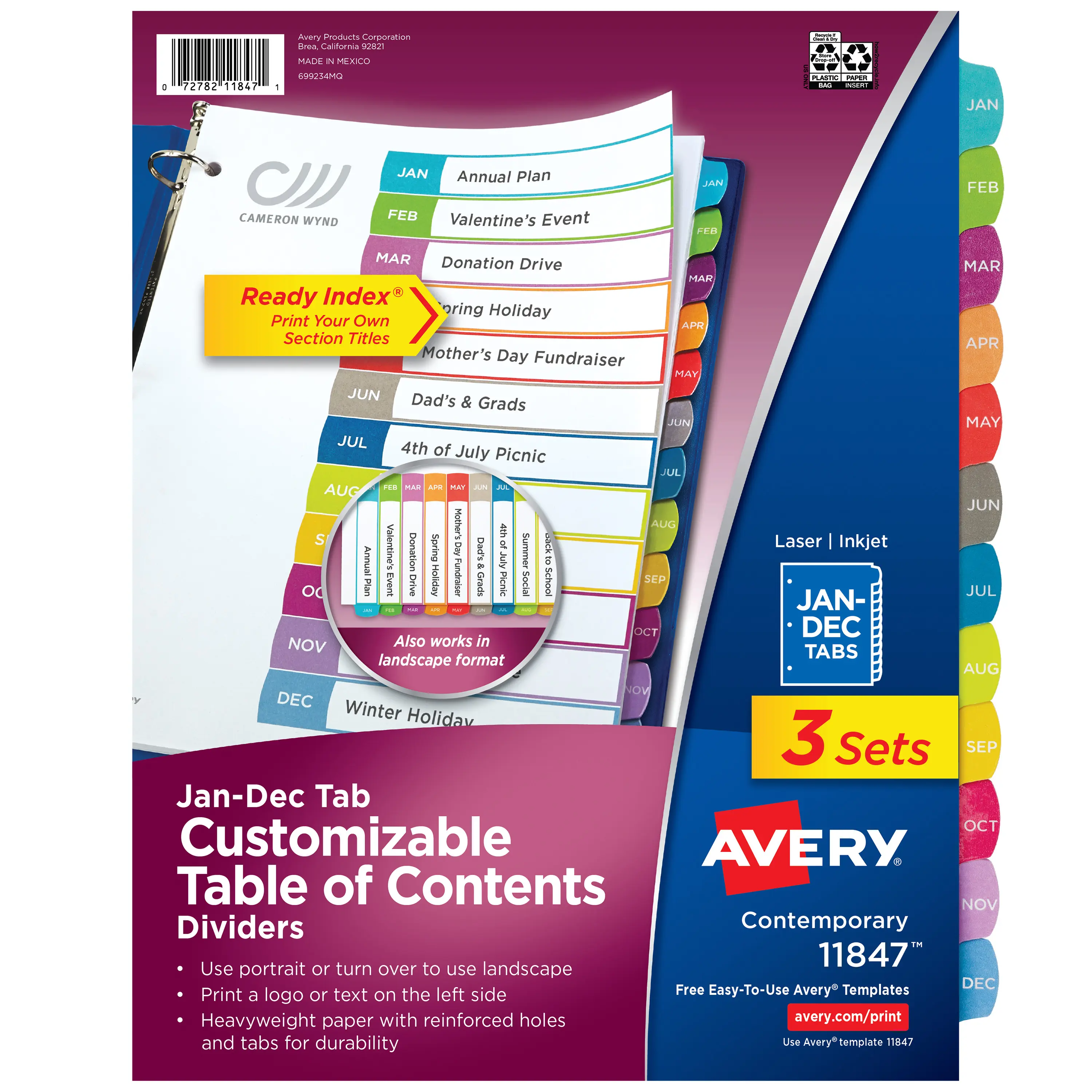 Avery® Jan-Dec Dividers for 3 Ring Binders, 12 Tabs per Set, Customizable Table of Contents, Multicolor Arched Tabs, Great for Organizing Reports, Projects, and More (11847)