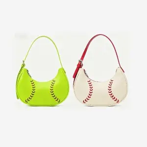 Baseball Stitch Shoulder Bag Sporty PU Leather Hobo Bag with Unique Stitch Design Curved Shape for Everyday Use & Sports Fans