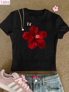 Unisex Graphic Tee Red Hibiscus Flower Tropical Floral Print Crop Top Design Casual Summer Streetwear Style Crewneck Short Sleeve Soft Cotton Breathable Slim Fit Daily Wear Vacation Beach Outfit Trendy Aesthetic Gift Top