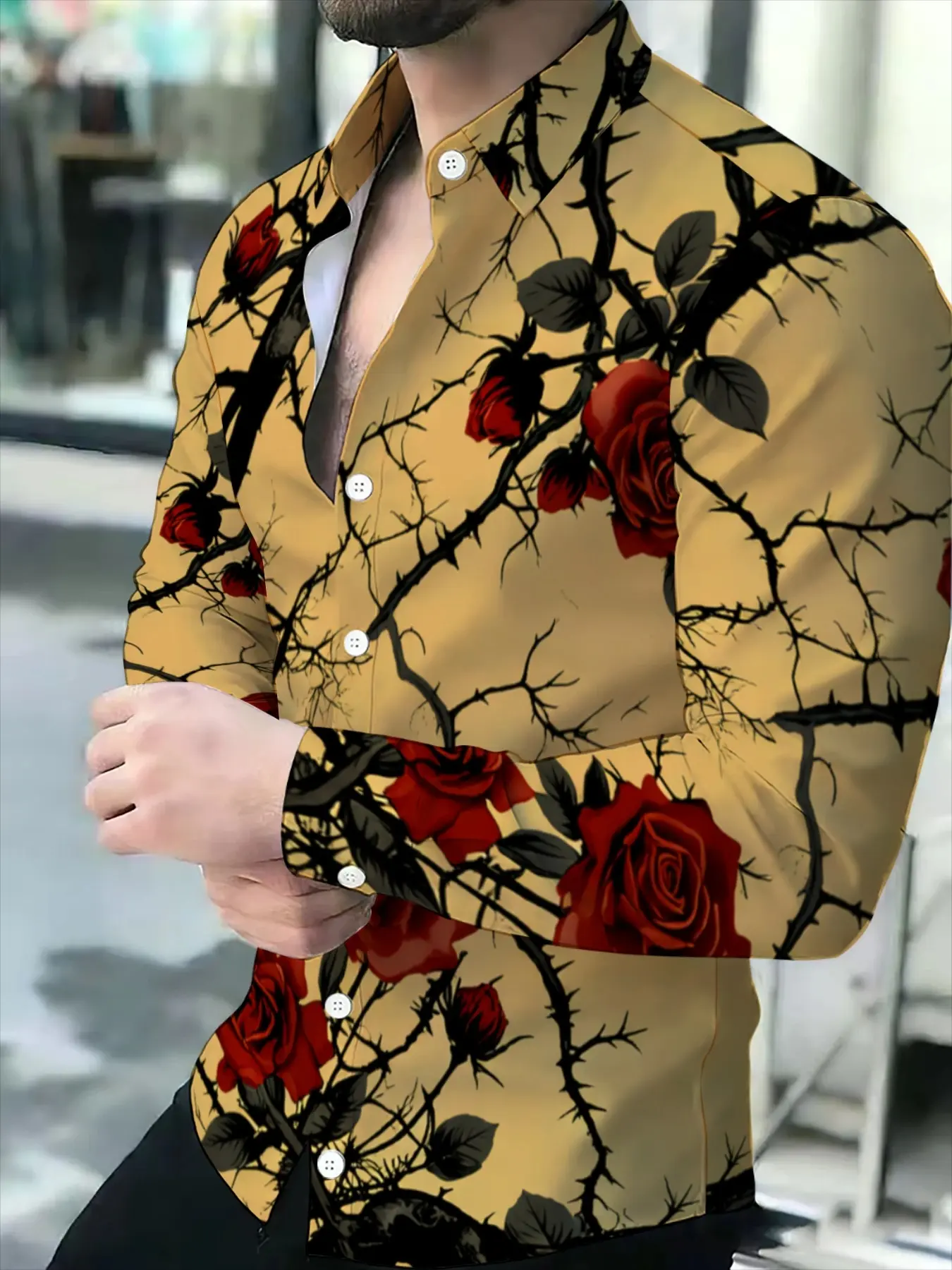 Men's Long Sleeve Casual Collared Shirt, Floral Novelty Pattern, Casual Printed Menswear