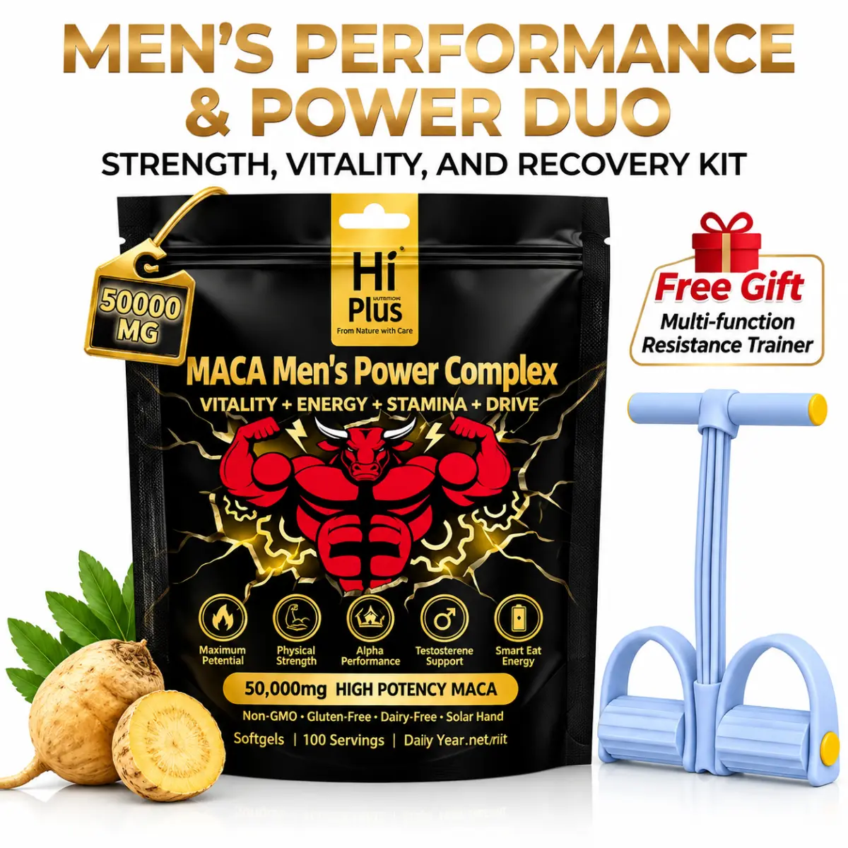 HiPlus Men's Wellness Supplement with Shilajit, Maca, Ashwagandha & Ginseng - 300 Softgels