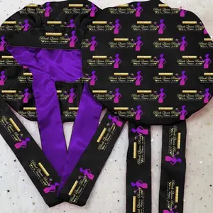 Satin Bonnet with Purple Ribbon and Black Pattern for Bedtime Use - Double Layer Design, Adjustable Tie Closure, Ideal for Special Bedtime - Haircare, Shower