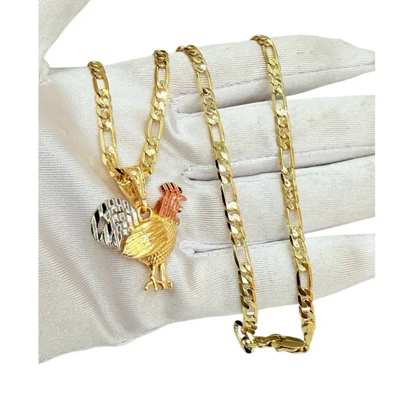 Rooster Pendant, 18k gold plated, 24” Figaro chain