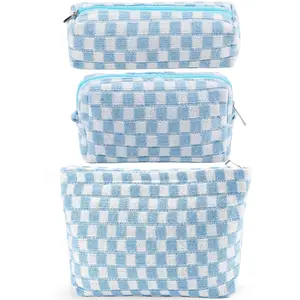 ZLFSRQ 3Pcs Checkered Makeup Bag for Women Large Cosmetic Bag Set Travel Toiletry Bag Makeup Pouch Bag for Purse Blue Zipper Storage Bag Organizer Cute Small Aesthetic Girls Car Essentials Bag