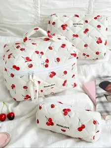 Cherry Pattern Quilted Makeup Bag Set, Large Capacity Cosmetic Storage Bag, Zipper Makeup Organizer Pouch, Portable Travel Toiletry Bag