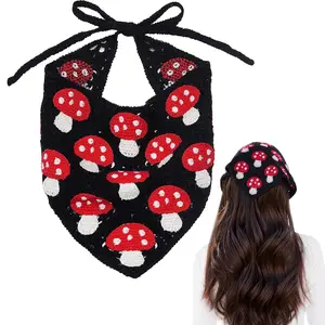 Graduation Gift Crochet Bandana Headband Head Scarf Hairband for Women Black Knitted Mushroom Hair Accessories for Festival 80s Hair Styling Decor