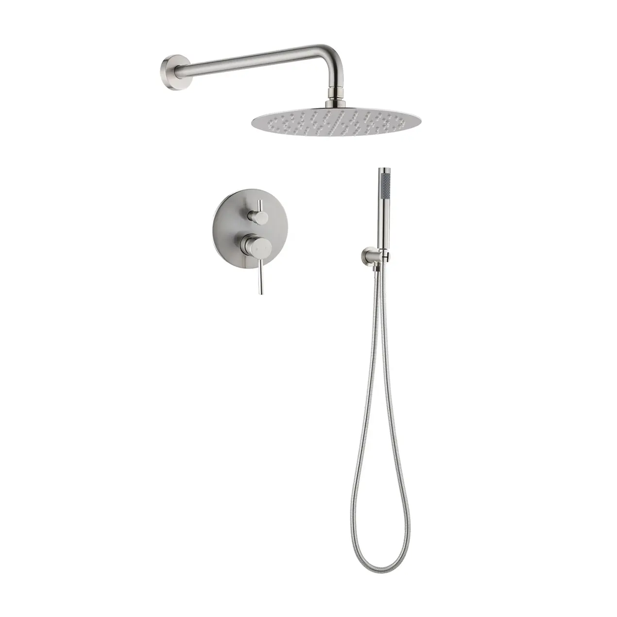 Brushed Nickel Wall Mounted Rain Shower Complete Kit - 10" Round Rain Head, 1-Button Switch, Tilt Adjust, Handheld, 2.5gpm Flow Rate, 3/4"NPT Adapters, Brass Elbows, Power Spray, 48hrs Salt Spray Tested Plumbing Fixture, 10" Size
