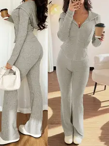 Women's Knit Two-Piece Set, Hooded Jacket + Slim Bell Pants, Casual Daily Wear, Commuting, Spring & Fall Fashion, Outfit