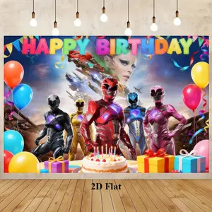 Power Rangers Happy Birthday Banner, 2D Flat Cartoon Anime Design, Perfect for Party Decoration & Photo Props, Durable Quality Material