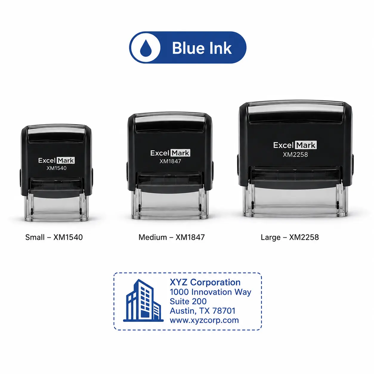 Personalized Self-Inking Stamp, Custom Text, Address or Business Logo Rubber Stamp with Blue Ink, 3 Sizes for Office & Small Business