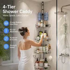 littleox Silver 4-Tier Rustproof Corner Shower Caddy Tension Pole, Adjustable 62-115 Inch No Drill Bathroom Corner Storage Shelf, Bathtub Shower Organizer Rack for Shampoo Toiletry Bathroom Accessories