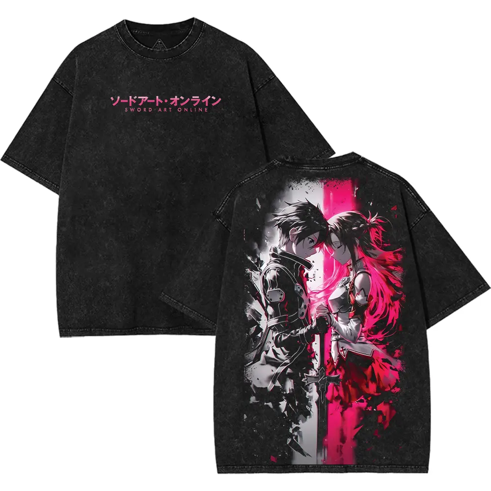 Kirito x Asuna Loving Washed Tee, SAO Sword Art Online Anime Oversized Print Acid Wash Graphic T-Shirt, Y2K Streetwear Gift For Fan Manga Lover Otaku Merch