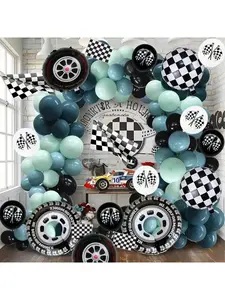 Racing Car Balloon Arch Kit Tire Aluminum Film Balloons Black White Checkered Flag Racing Blue Latex Balloons Set Birthday Party Decorations