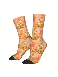 BIIHUDU Men's Orange Sweet Wine Socks - Peach-Citrus Floral pattern with oranges, Full-Coverage Print - Peach Background Nove