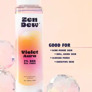 Zen Dew Violet Aura 2% BHA Rice Toner - Refreshing Glow Formula with Salicylic Acid & Niacinamide for Radiant Skin - Vegan, Fragrance-Free, Korean Skincare