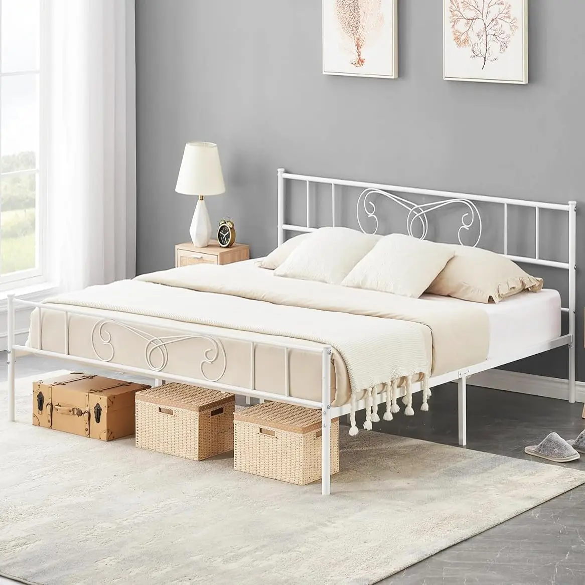 【Christmas Gift】110 White King Size Bed Frame with Storage Metal Bed Frame with Vintage Pattern Headboard and Footboard Mattress Foundation Easy Assembly