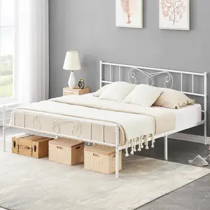 【Christmas Gift】110 White King Size Bed Frame with Storage Metal Bed Frame with Vintage Pattern Headboard and Footboard Mattress Foundation Easy Assembly