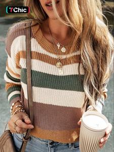 women's colorblock striped print drop shoulder sweater, casual long sleeve round neck jumper for daily outdoor wear, ladies knitwear for all seasons fall sweaters