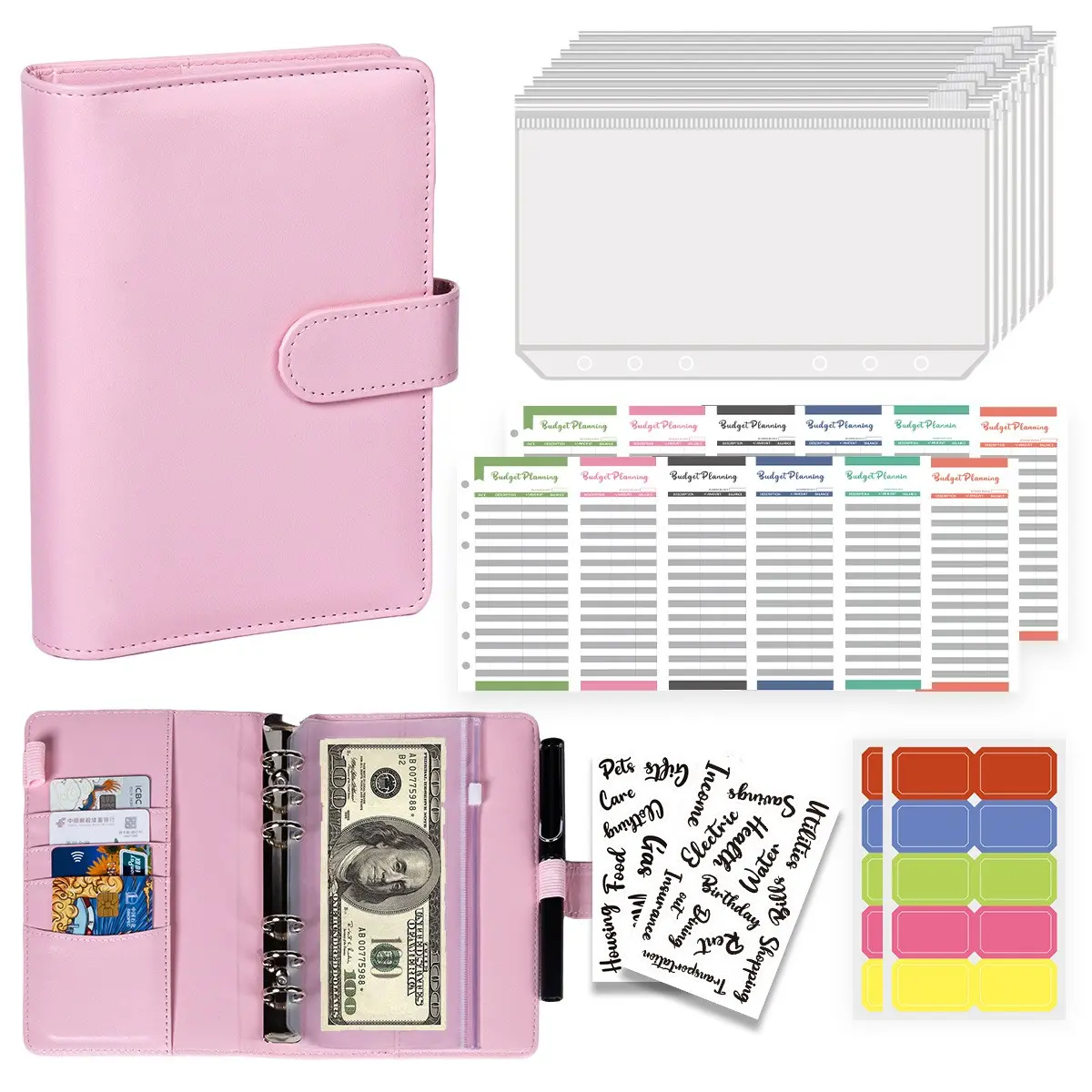 A6 Ring Binder Set for Financial Management & Savings, Faux Leather Cover with Magnetic Closure, Zipper Pocket, Budget Card Slots, Macaron Style Design, Cash Storage Binder