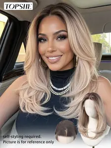 Topshe 13x6 Lace Front Wig, Medium Length Synthetic Hair, Ash Blonde Highlights Layered Cut, High Definition Lace Realistic Look, Layered Wigs