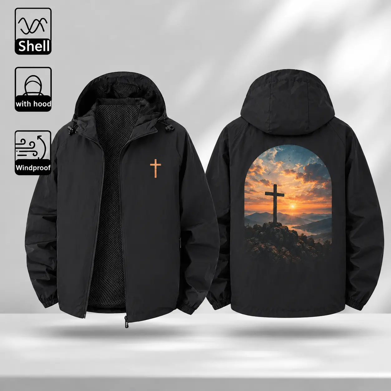 Cross Print Windbreaker Jacket with Hood, Zip-Up Shell with Cross Chest Graphic and Sunset Landscape Back Print