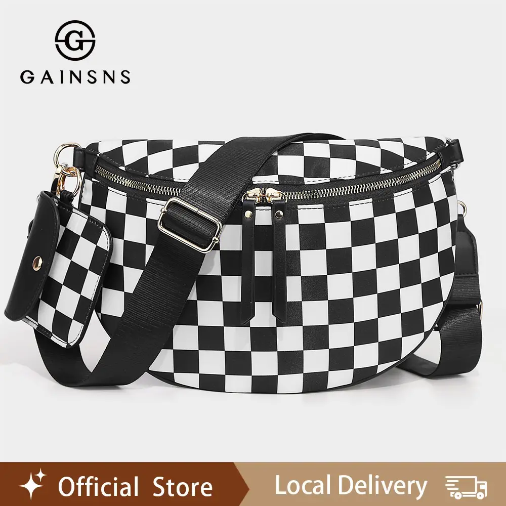 GAINSNS Checkerboard Plaid Checkered Black and White Crossbody Bag for Women, Trendy Fashion Nylon Shoulder Bag, Adjustable & Removable Straps, Belt Bag with Mini Headphone Pouch, Everyday Travel Essentials Bag