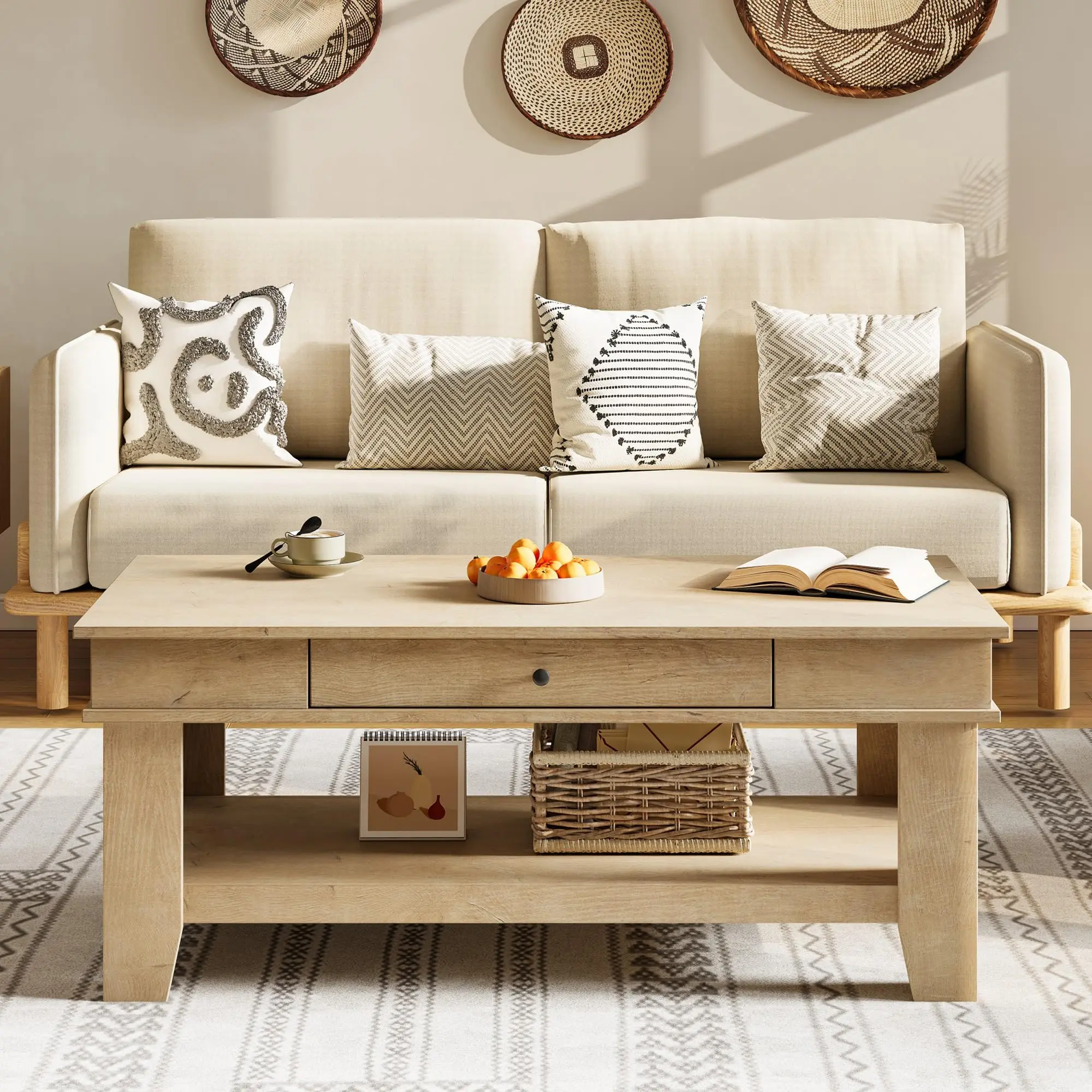 Garvee Rectangular Coffee Table with Drawer and Open Shelf, Long Center Table for Living Room, Rustic Finish, Stable Four Leg Structure, Easy to Clean Surface, Heavy Duty Storage Design in Light Wood
