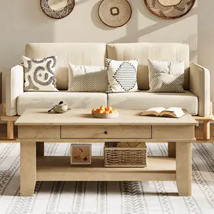 Garvee Rectangular Coffee Table with Drawer and Open Shelf, Long Center Table for Living Room, Rustic Finish, Stable Four Leg Structure, Easy to Clean Surface, Heavy Duty Storage Design in Light Wood