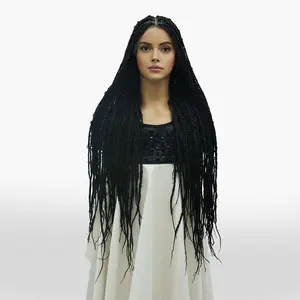 Tiana 36" Jet Black Butterfly Box Braided Wigs for Women Knotless Box Braids Full Lace Wig With Baby Hair Full double Lace Hand Braid Wig