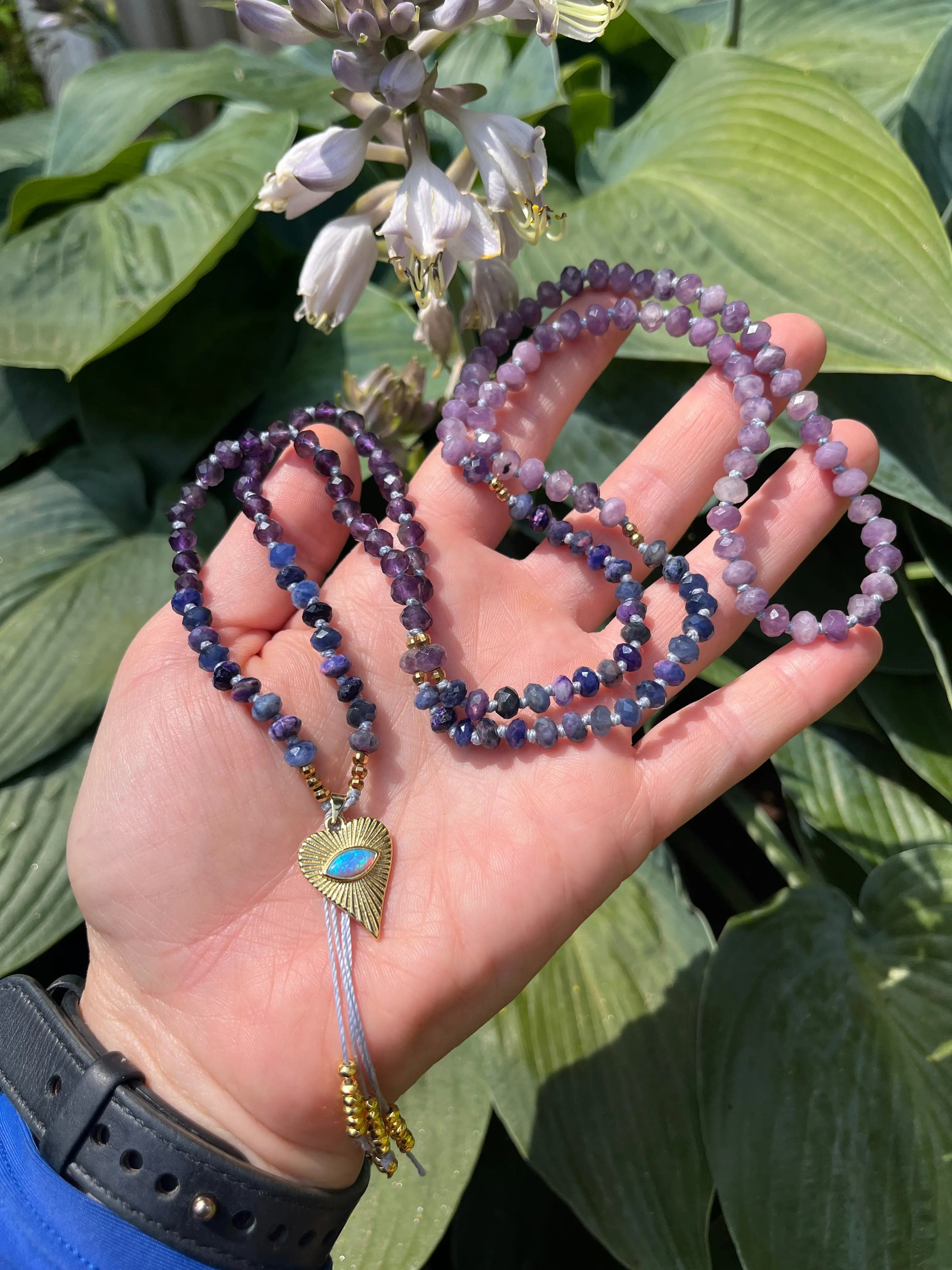 Amethyst Sugilite Lepidolite Mala Necklace with Opal Evil Eye Pendant