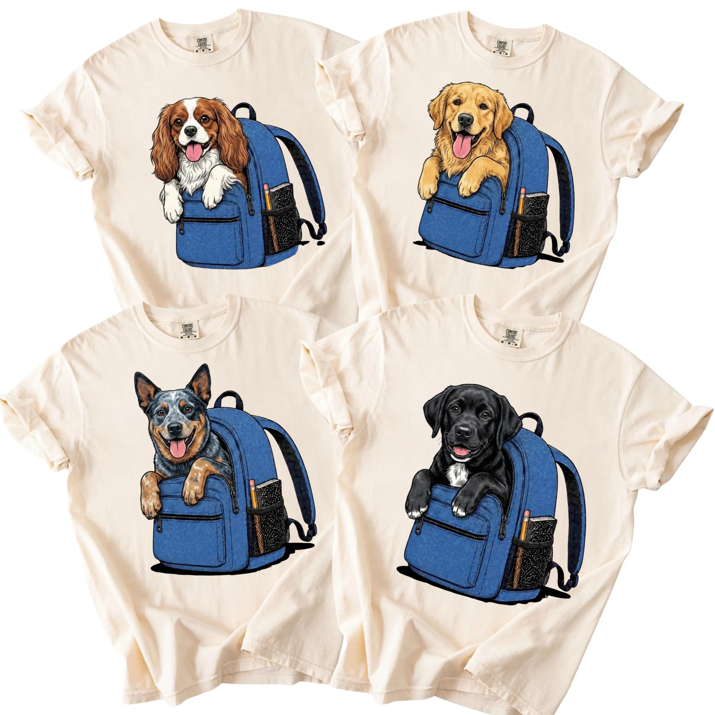 Comfort Colors 50+ Dog Breeds Back to School Shirt, Cute Dog in Backpack Tee, Personalized Dog Lover Teacher Shirt, First Day of School Graphic Tee, Pet Lover Gift