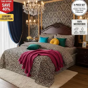 4pcs Leopard Print Queen Bed Sheets Set, Fitted Sheet with Deep Pocket + Flat Sheet + 2 Pillowcases, Taupe/Black Leopard Luxe Print, High-End & Luxe Look, Soft Brushed Microfiber, Breathable & Machine-Washable, All-Season, Guest Room & Holiday Gifts