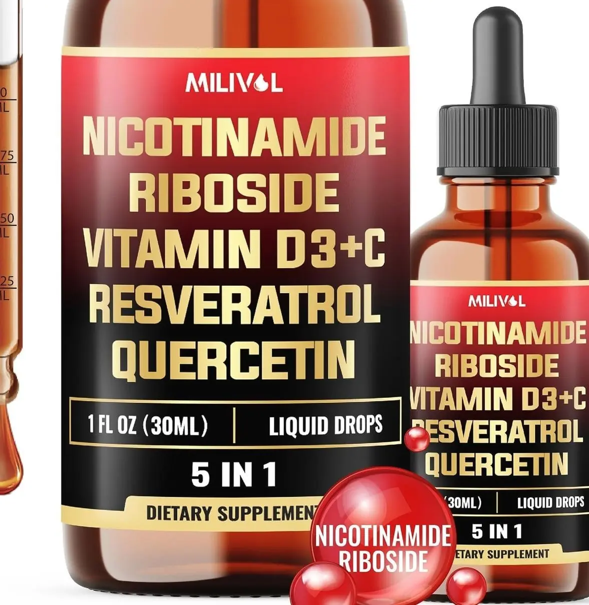 5in1 NAD+ Liquid Drops w/Nicotinamide Riboside NR 900mg, Quercetin 500mg, Trans-resveratrol 500mg, Vitamin D3-C - Cellular Energy & Repair, Vitality, Healthy Aging - 1FL Oz - 1 Month Supply