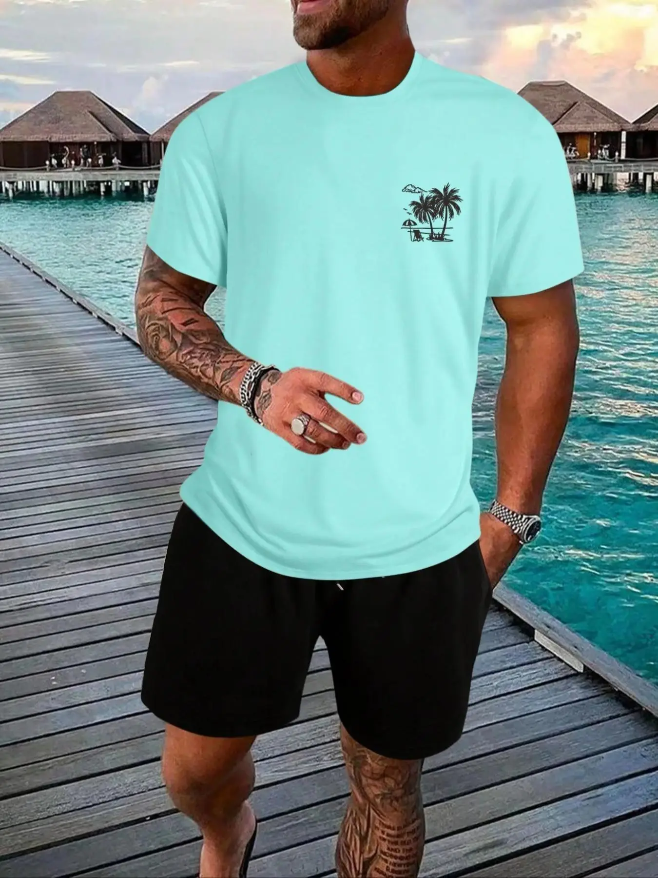Men's Regular Fit Coconut Tree Print Drop Shoulder Tee, Streetwear, Casual Short Sleeve Round Neck T-shirt for Summer, Graphic Tees, Men's Tops for Da