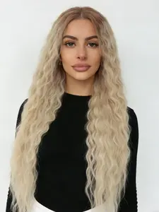 Blonde with Brown Root Synthetic Lace Front Wigs Deep Curly Natural Density Wigs Preplucked Hairline Wig 13x4 HD Transparent Lace Wig Deep Wave Lace Frontal Wigs for Party Daily Christmas Halloween 28 Inch