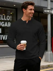 Men's Fall Winter New Heavyweight Loose Jacquard Henley Shirt, Vintage Long Sleeve Retro Design, Comfortable Casual Wear for Men