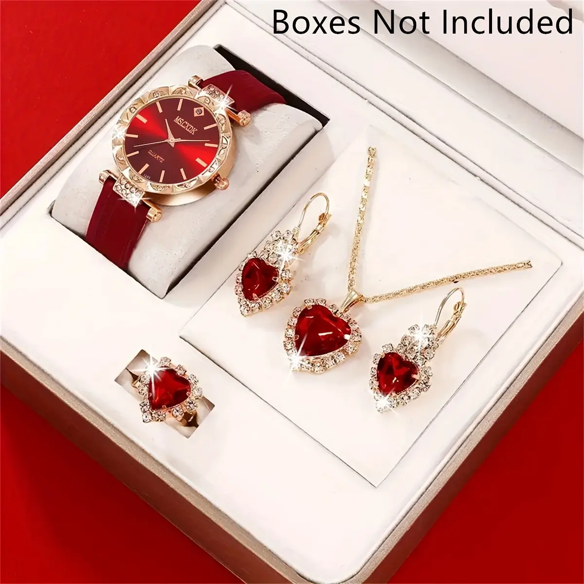 5pcs Ladies' Quartz Watch Red Strap Quartz Wristwatch And Heart-shaped Necklace, Earrings, And Ring. Gifts For Eid