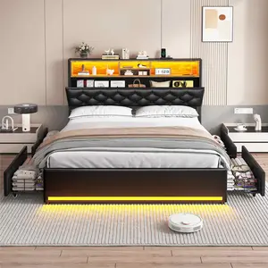 SIKAIC Platform Metal Bed Frame with Storage Headboard LED Lights 4 Drawers and Charging Station No Box Spring Needed PU Black Upholstered Multifunctional Modern Durable Design Construction Interior luxury bed frame Bedroom Furniture Bedframe