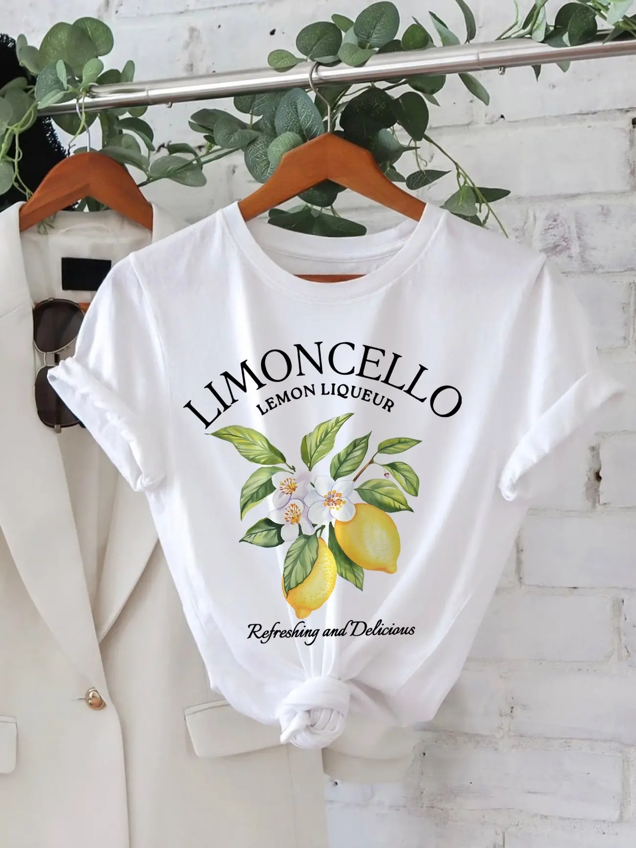 Limoncello Lemon Liqueur Women White T-Shirt, Refreshing and Delicious Citrus Fruit Graphic Tee, Italy Summer Drink Floral Blossom Cottagecore Top, Mediterranean Foodie Soft Cotton Comfort Short Sleeve Apparel