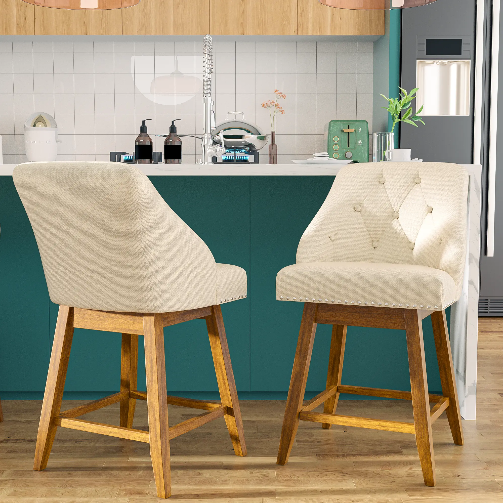Springtok Topwin 26" Swivel Bar Stools with Tufted Backs,Solid Wood Legs,Footrests,PU Leather for Kitchen & Dining Luxury Interior Minimal Modern Furniture