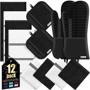 Oven Mitts Kitchen Towels and Dishcloths with Pot Holders Sets, Oven Gloves Hot Pads 500?F Heat Resistant with  Grip, Include 2 Cooking Gloves/2 Potholders/4 Kitchen Towels/4 Dish Towels