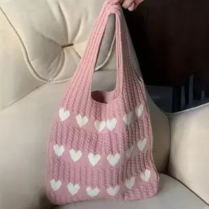 Crochet Handbag Heart Shaped Tote Bag Y2k Aesthetic Knitted Love Bag Beach Tote Bag Hippie Bag Women Everyday Style Practical Casual Trendy Purse