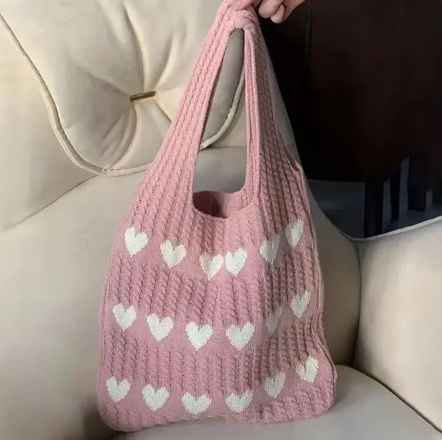 Crochet Handbag Heart Shaped Tote Bag Y2k Aesthetic Knitted Love Bag Beach Tote Bag Hippie Bag Women Everyday Style Practical Casual Trendy Purse Fashionable Patterned Bag Handmade Tote Bag Durable Soft